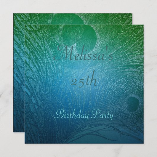 Blue & Green Peacock Feather Birthday Party Einladung (Vorne/Hinten)