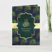 Blue Green Peacock Feathers QR Code Muslim Hochzei Einladung (Vorderseite)