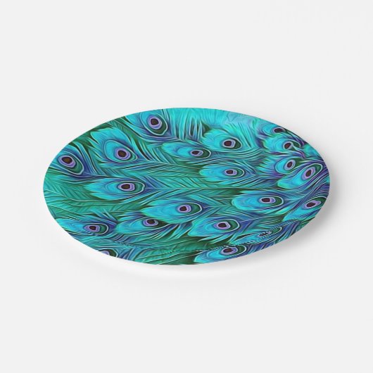Blue Green Peacock Paper Party Teller (Schrägansicht)