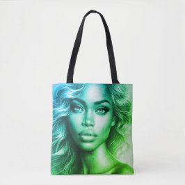 Blue + Green Photo of a Woman on Reusable Grocery Tasche