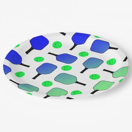 Blue & Green Pickleball Paddle Green Pickleballs Pappteller (Schrägansicht)