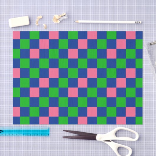 Blue Green Pink Checkered Pattern Design  Seidenpapier (Handwerk)