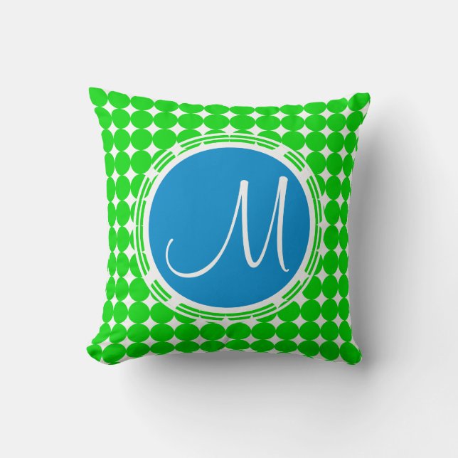 Blue & Green Polka Dot Monogram Kissen (Vorderseite)