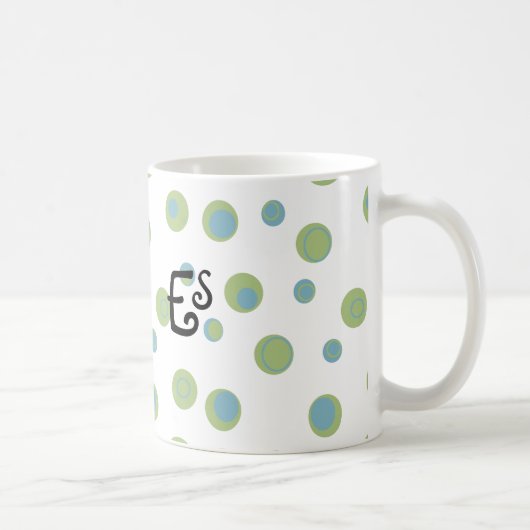 Blue Green Polka Dots Mit Monogramm Kaffeetasse (Rechts)