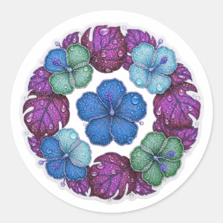 Blue Green Purple Hibiscus Petals and Dew Drops Runder Aufkleber