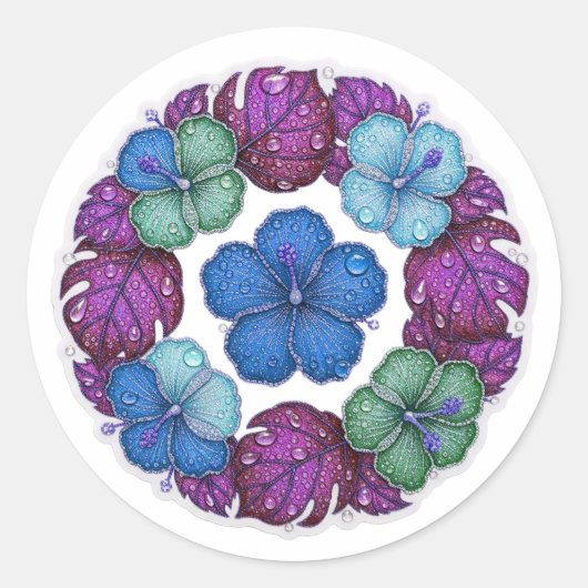 Blue Green Purple Hibiscus Petals and Dew Drops Runder Aufkleber (Vorderseite)
