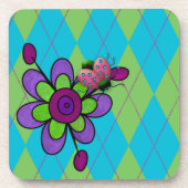 Blue & Green Raute Ladybug & Blume Getränkeuntersetzer (Vorderseite)