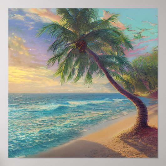 Blue Green Red Orange Beach Palm Tree Sunset Poster (Vorne)