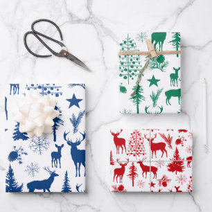 Blue Green Red Rentier Wald Wald Modern Geschenkpapier Set