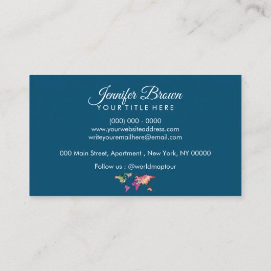 Blue Green Retro farbenfrohe Wasserfarbe Weltkarte Visitenkarte (Rückseite)