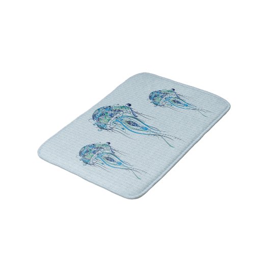 Blue-Green Retro Jellyfish Over Blue Background Badematte (Schrägansicht)