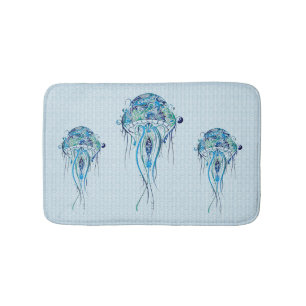 Blue-Green Retro Jellyfish Over Blue Background Badematte