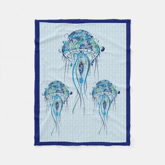 Blue-Green Retro Jellyfish Over Blue Background Fleecedecke (Vorderseite)