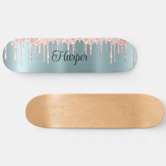Blue Green Satin Finish mit Pink Glitzer Tropfen Skateboard (Horizontal)