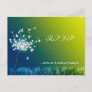 Blue Green Spring Dandelion Wedding RSVP Einladungspostkarte