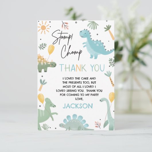Blue Green Stomp Chomp Party Dinosaur 1. Geburtsta Dankeskarte (Stehend Vorderseite)