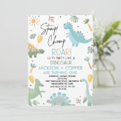 Blue Green Stomp Chomp Twins Dinosaur 1. Geburtsta Einladung (Stehend Vorderseite)