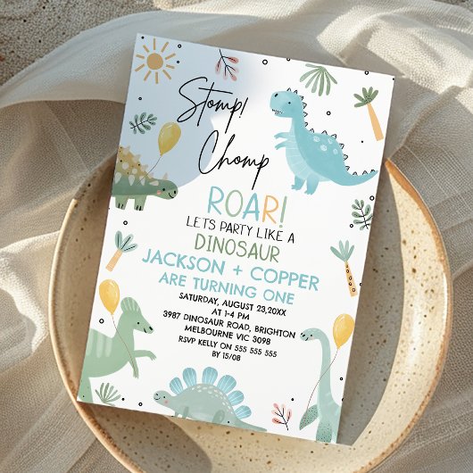 Blue Green Stomp Chomp Twins Dinosaur 1. Geburtsta Einladung