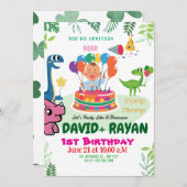 Blue Green Stomp Chomp Twins Dinosaur 1. Geburtsta Einladung (Vorne/Hinten)