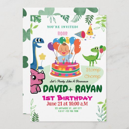 Blue Green Stomp Chomp Twins Dinosaur 1. Geburtsta Einladung (Vorne/Hinten)
