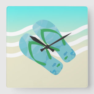 Blue & Green Summer Beach Waves Flip Flops Quadratische Wanduhr