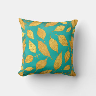 Blue Green Throw Pillow with Gold Leaves Kissen