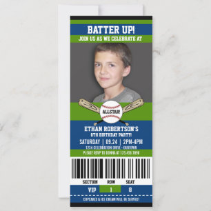Blue Green Ticket Style Baseball Geburtstagsparty Einladung