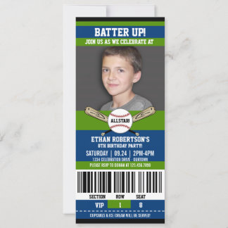 Blue|Green Ticket Style Baseball Geburtstagsparty Einladung