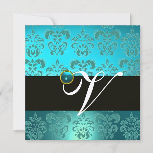 BLUE GREEN TURQUOISISCH BLACK GOLD DAMASK MONOGRAM EINLADUNG (Vorderseite)