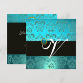 BLUE GREEN TURQUOISISCH BLACK GOLD DAMASK MONOGRAM EINLADUNG (Vorne/Hinten)