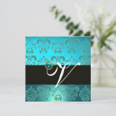 BLUE GREEN TURQUOISISCH BLACK GOLD DAMASK MONOGRAM EINLADUNG (Stehend Vorderseite)