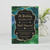 Blue, Green und Gold Glitzer Agate Rahmen Geburtst Einladung (Stehend Vorderseite)