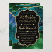 Blue, Green und Gold Glitzer Agate Rahmen Geburtst Einladung (Vorne/Hinten)