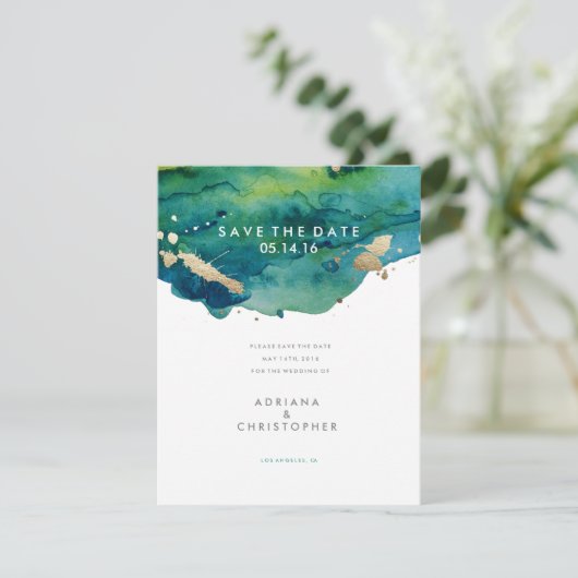 Blue Green und Gold Spritzer Hochzeit Sichern Sie  Save The Date (Stehend Vorderseite)