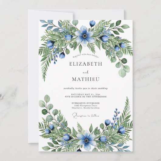 Blue Green Verdant Botanical Wedding Einladung (Vorderseite)
