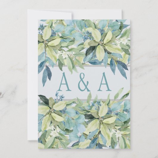 Blue Green Watercolor Blätter Hochzeitsfeiern Einladung (Rückseite)