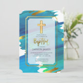 Blue Green Watercolor Boy Taufe Einladung (Stehend Vorderseite)