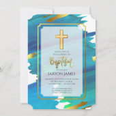 Blue Green Watercolor Boy Taufe Einladung (Vorderseite)