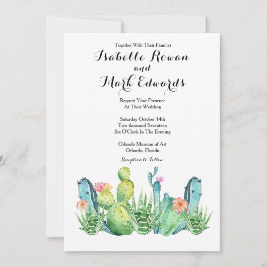 Blue Green Watercolor Cactus Wedding Invitation Einladung (Vorderseite)