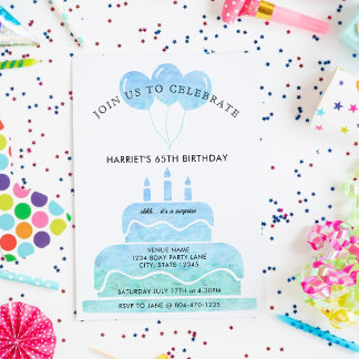 Blue Green Watercolor Cake Balloons 65. Geburtstag Einladung