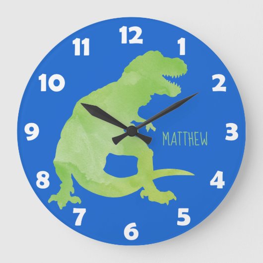 Blue Green Watercolor Dinosaurier Personalisiert K Große Wanduhr (Vorderseite)