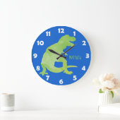 Blue Green Watercolor Dinosaurier Personalisiert K Große Wanduhr (Zuhause)