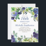 Blue Green Watercolor Floral 16th Birthday Party Karte<br><div class="desc">Elegant 16th birthday party Einladung with pretty blue and green watercolor flowers. You can customize the text on this card for a birthday party for any age you are celebrating</div>