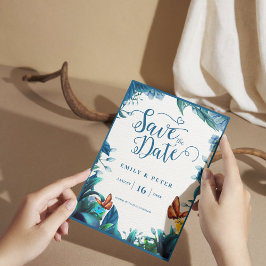 Blue Green Watercolor Foliage Butterfly Wedding Ankündigungspostkarte