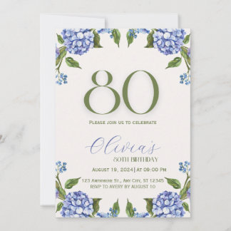 Blue Green Watercolor Hydrangea 80. Geburtstag Inv Einladung