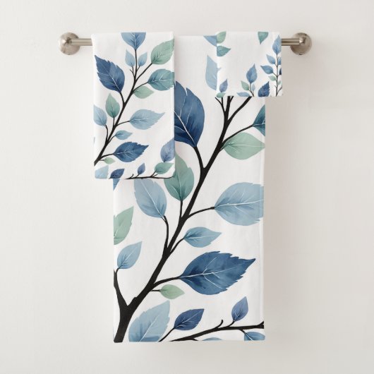 Blue Green Watercolor Leaves Botanical Design 376 Badhandtuch Set (Insitu)