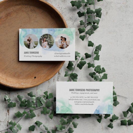 Blue Green Watercolor Round Fotos Fotograf Visitenkarte