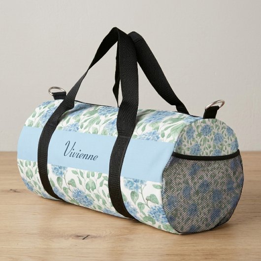 Blue Green Watercolor Wildflower Monogram Duffle Bag