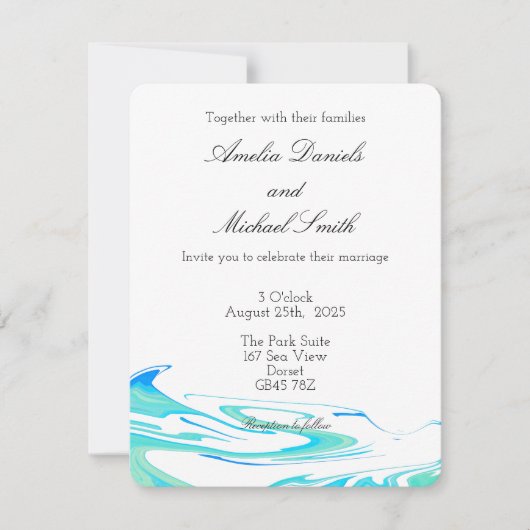 Blue & Green Wave  Wedding Invitation Einladung (Vorderseite)