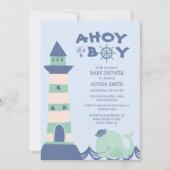 Blue Green Whale Lighthouse Ahoy Boy Baby Dusche Einladung (Vorderseite)